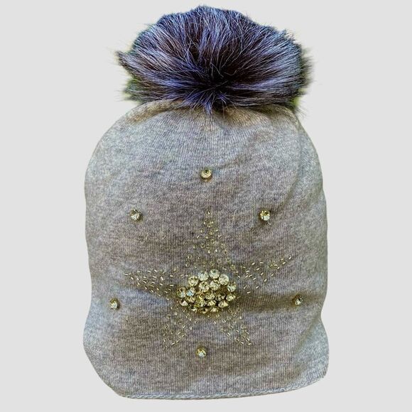 NWT New Adrienne Landau Gray Crystal Embellished Wool Star Pom Pom Hat/Beanie OS - Picture 4 of 7